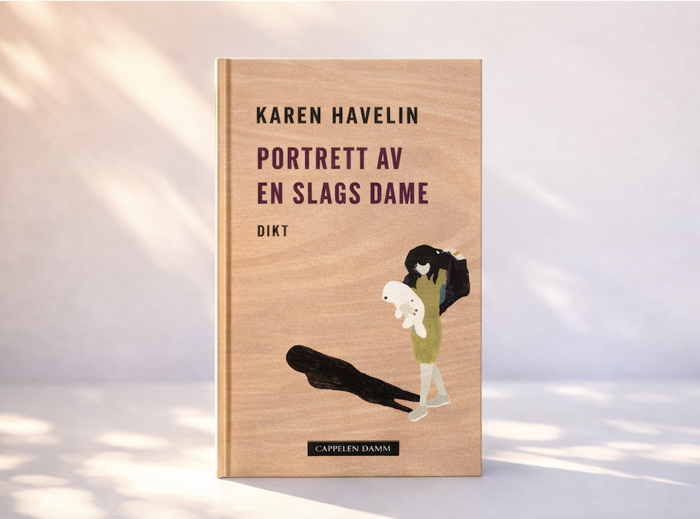 Bokomslag. Rosa tresnitt med dame som holder en hund